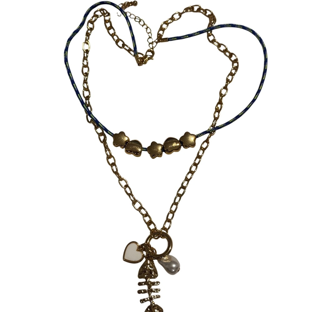 Gold Tone Layered Necklace Set Blue Cord Fish Bone Heart Pearl Charms